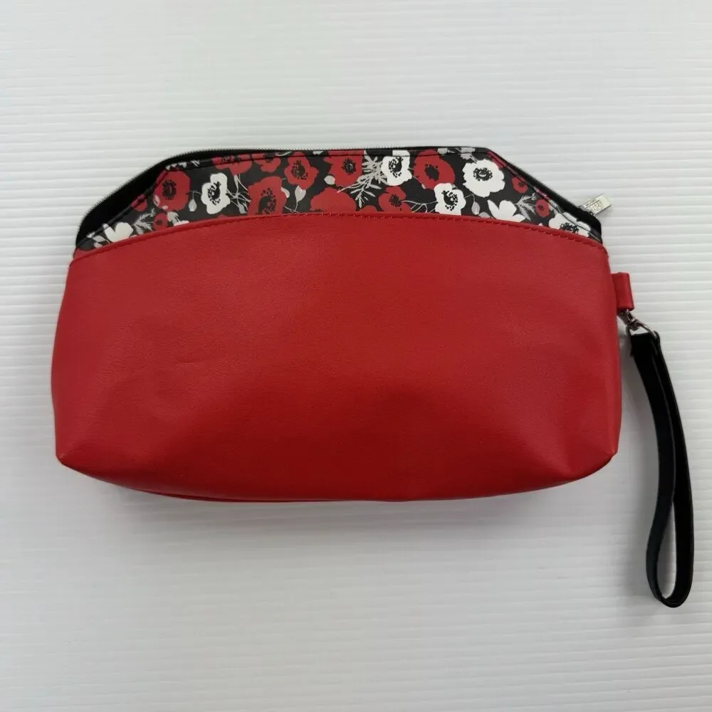 Jones New York Signature Red Floral Cosmetic Bag Makeup Pouch Wristlet